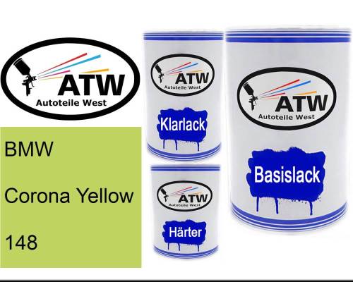 BMW, Corona Yellow, 148: 500ml Lackdose + 500ml Klarlack + 250ml Härter - Set, von ATW Autoteile West.